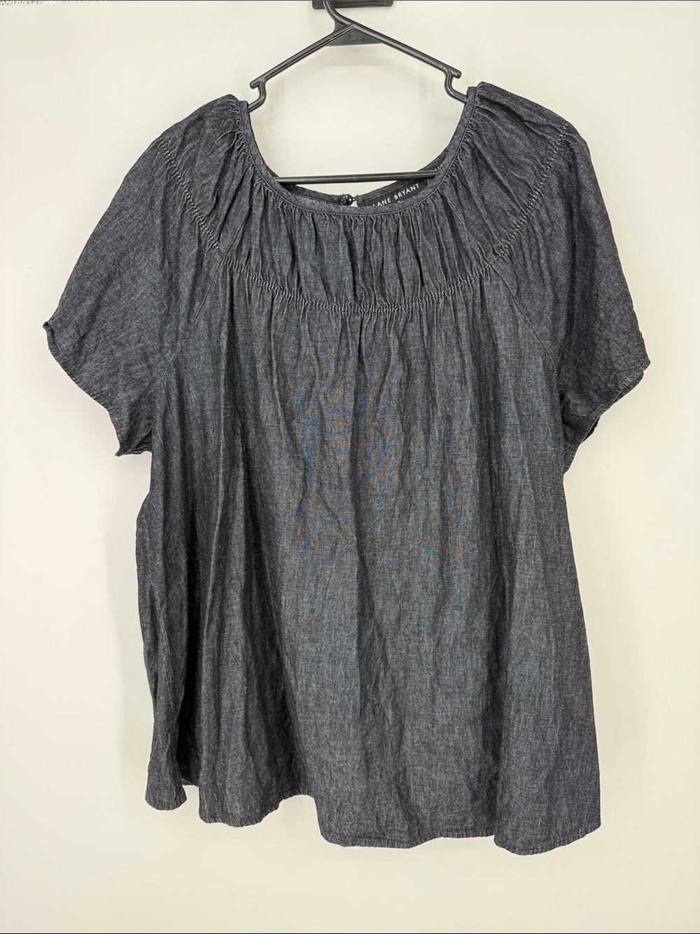 Lane Bryant Dark Wash Chambray Peasant Blouse - Short Sleeve Women’s Top 18